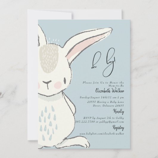 Cute Rabbit Dusty Blue Baby shower Invitation Kaart (Voorkant)