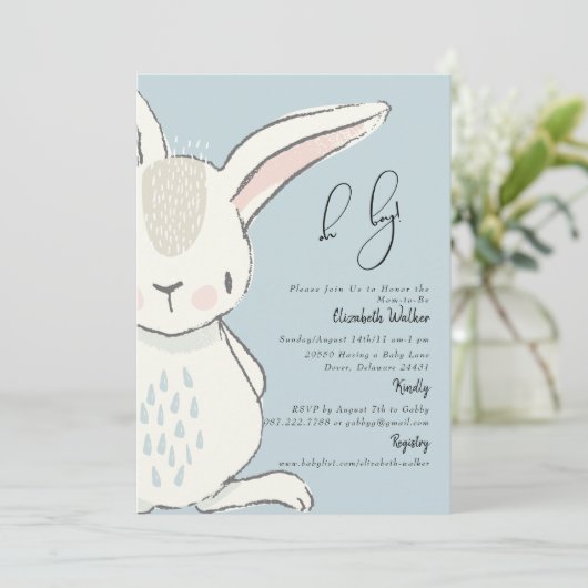 Cute Rabbit Dusty Blue Baby shower Invitation Kaart (Staand voorkant)