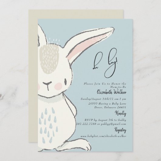 Cute Rabbit Dusty Blue Baby shower Invitation Kaart (Voorkant / Achterkant)