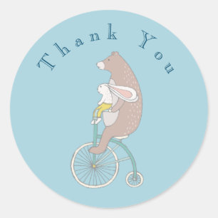 Cute Rabbit en Brown Beer Riding a Bicycle Bedankt Ronde Sticker