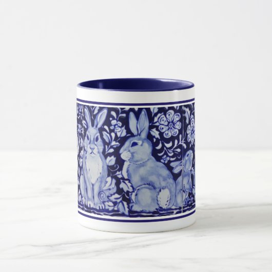 Cute Rabbit Family Blue White Delft Dedham Mok (Midden)