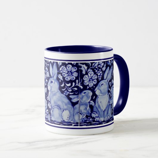 Cute Rabbit Family Blue White Delft Dedham Mok (Voorkant rechts)