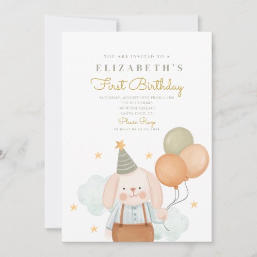 Cute Rabbit First Birthday 1st Birthday Kaart (Voorkant)