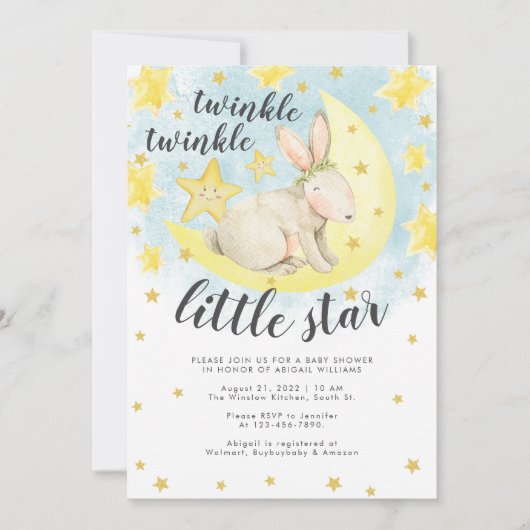 Cute Rabbit Gold Twinkle Little Star Baby shower Kaart (Voorkant)