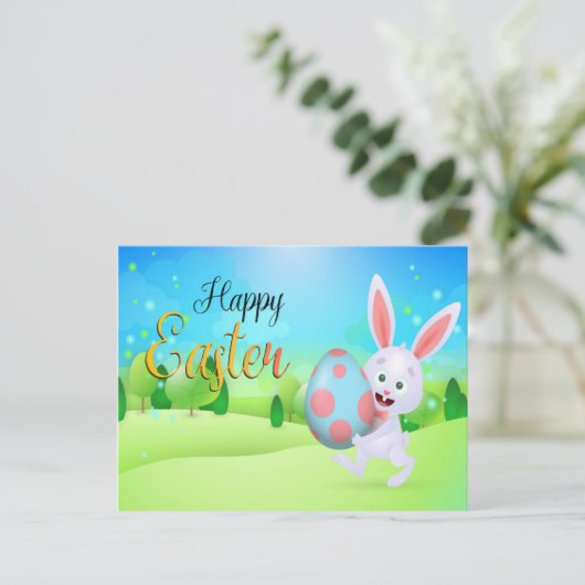 Cute Rabbit Holding Blue Pink Easter Eggs Holiday Briefkaart (Staand voorkant)