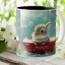 Cute Rabbit in a Red Boat Personalized Tweekleurige Koffiemok