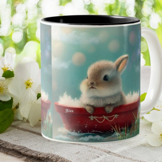 Cute Rabbit in a Red Boat Personalized Tweekleurige Koffiemok