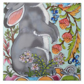 Cute Rabbit Mural Floral Aqua Bkgrd Bottom Half  Tegeltje (Voorkant)