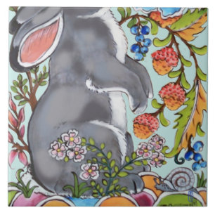 Cute Rabbit Mural Floral Aqua Bkgrd Bottom Half  Tegeltje