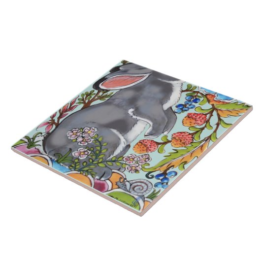 Cute Rabbit Mural Floral Aqua Bkgrd Bottom Half  Tegeltje (Zijkant)