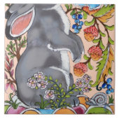 Cute Rabbit Mural Floral Pink Bkgrd Bottom Half  Tegeltje (Voorkant)