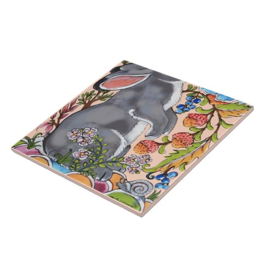 Cute Rabbit Mural Floral Pink Bkgrd Bottom Half  Tegeltje (Zijkant)