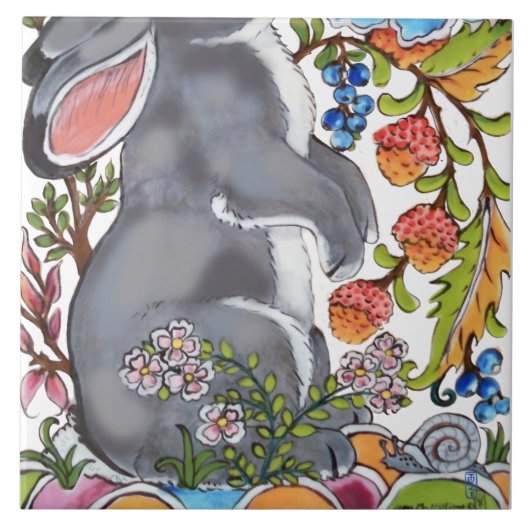 Cute Rabbit Mural Floral White Bkgrd Bottom Half Tegeltje (Voorkant)