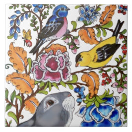 Cute Rabbit Mural Floral White Bkgrd Top Half Cer Tegeltje