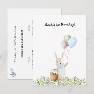Cute Rabbit On A Picnic With Balloons Invitation Briefkaart