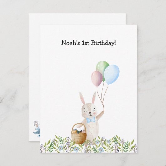 Cute Rabbit On A Picnic With Balloons Invitation Briefkaart (Voorkant / Achterkant)