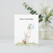 Cute Rabbit On A Picnic With Balloons Invitation Briefkaart (Staand voorkant)