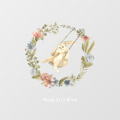 Cute Rabbit On A Swing Floral Wreath Name Sticker (Vel)