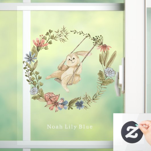 Cute Rabbit On A Swing Floral Wreath Name Sticker (Huis)