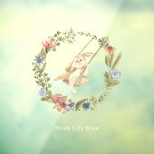Cute Rabbit On A Swing Floral Wreath Name Sticker (Vel 3)