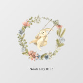 Cute Rabbit On A Swing Floral Wreath Name Sticker (Vel)