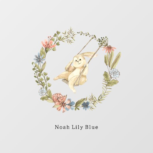 Cute Rabbit On A Swing Floral Wreath Name Sticker (Vel)