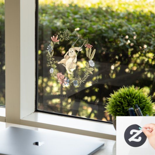 Cute Rabbit On A Swing Floral Wreath Name Sticker (Kantoor)
