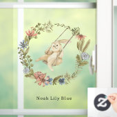 Cute Rabbit On A Swing Floral Wreath Name Sticker (Huis)