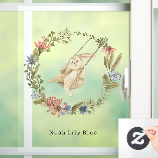 Cute Rabbit On A Swing Floral Wreath Name Sticker (Huis)