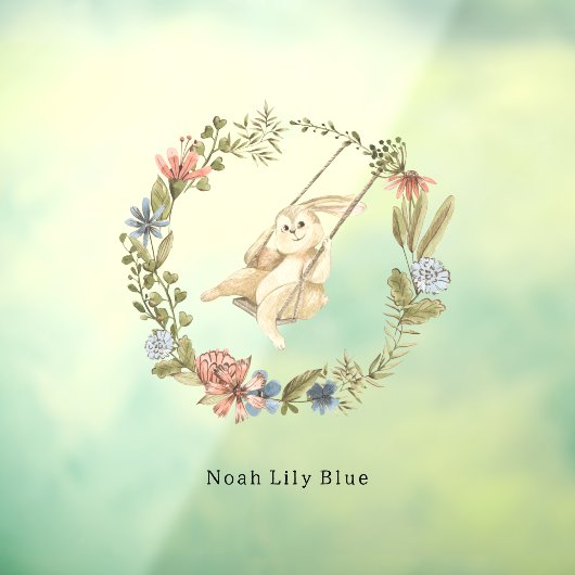 Cute Rabbit On A Swing Floral Wreath Name Sticker (Vel 3)