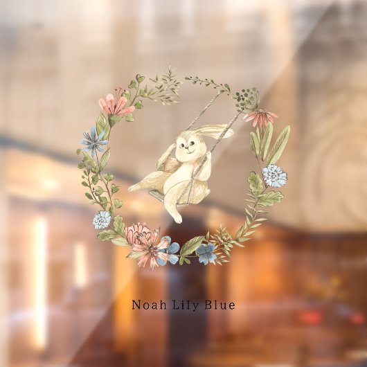 Cute Rabbit On A Swing Floral Wreath Name Sticker (Vel 2)