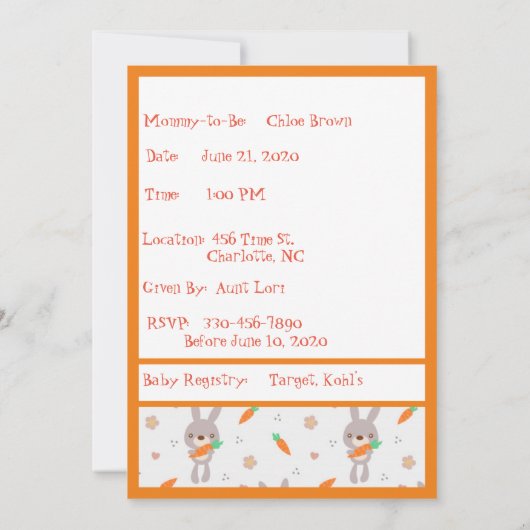 Cute Rabbit Oranje Boy Girl Shower Kaart (Achterkant)