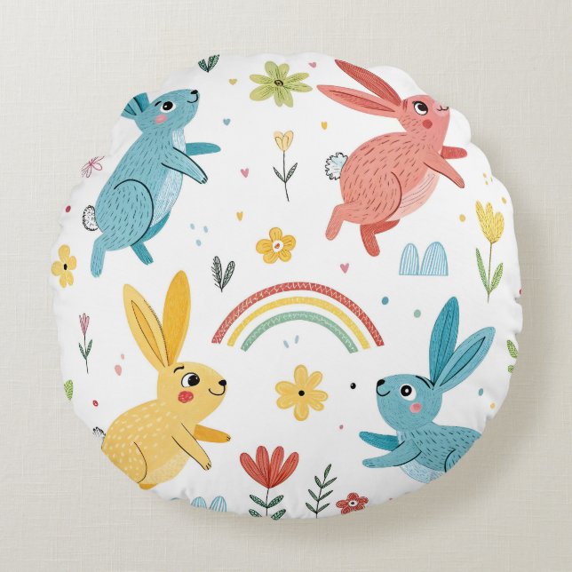 Cute Rabbit Pattern Rond Kussen (Voorkant)