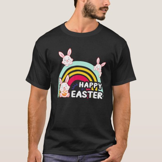 Cute Rabbit Rainbow Easter Eggs Bunny Happy Pasen T-shirt (Voorkant)