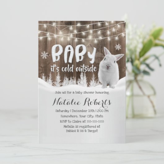 Cute Rabbit Rustic Winter Forest Baby shower Kaart (Staand voorkant)