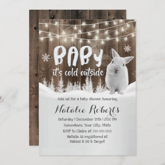 Cute Rabbit Rustic Winter Forest Baby shower Kaart (Voorkant / Achterkant)
