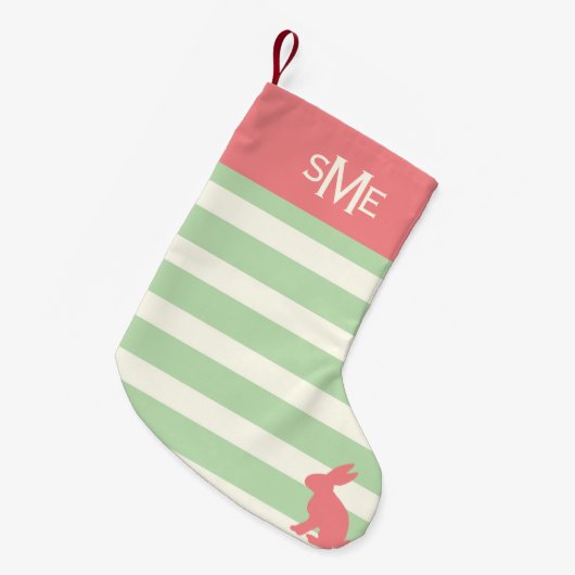 Cute rabbit stripe gepersonaliseerde monogram kleine kerstsok (Voorkant (Hangend))