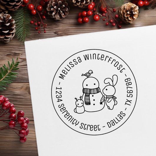 Cute Rabbit Toevoeging Wortel aan Snowman Round Ad Rubberstempel