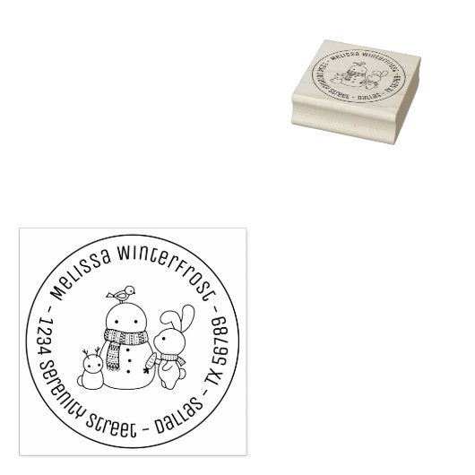 Cute Rabbit Toevoeging Wortel aan Snowman Round Ad Rubberstempel (Gestempeld)