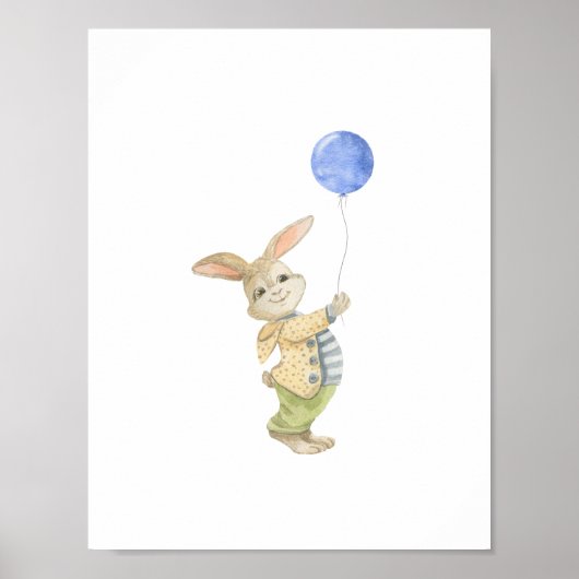 Cute Rabbit With Blue Balloon Nursery Poster (Voorkant)