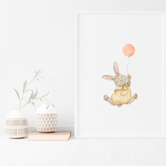 Cute Rabbit With Pink Balloon Nursery Poster
