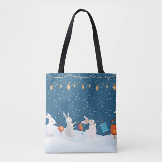 Cute Rabbits Lantern Parade Through Snow Christmas Tote Bag (Voorkant)