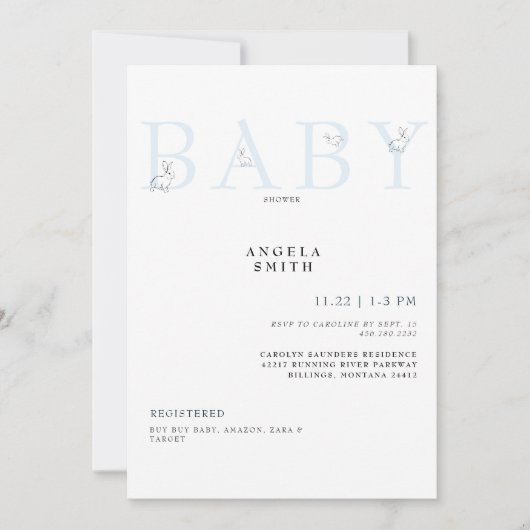 Cute Rabbits Light Blue Gingham Baby shower Invita Kaart (Voorkant)