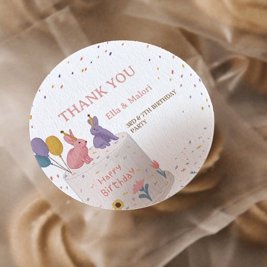 Cute Rabbits on Cake Joint Birthday Sister  Ronde Sticker