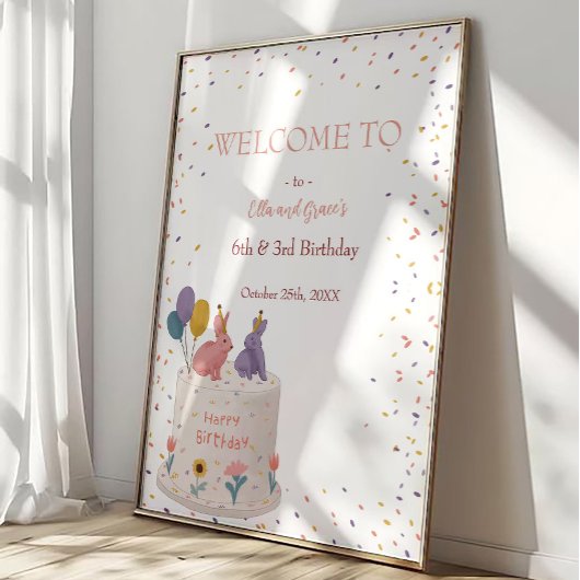 Cute Rabbits on Cake Joint Birthday Sister Welcome Poster