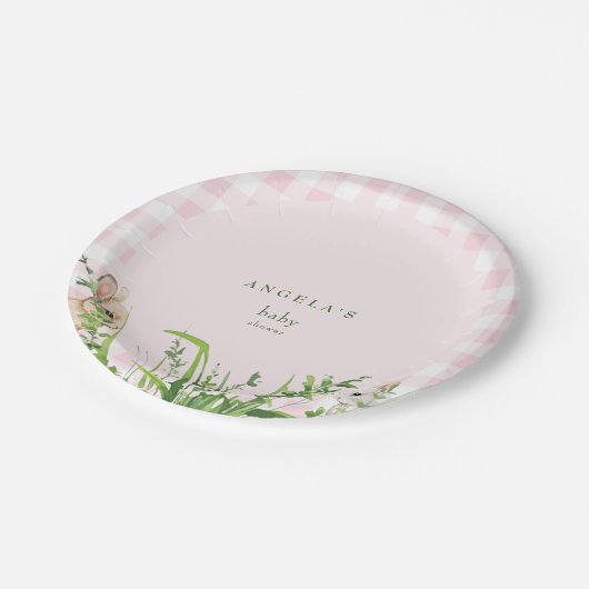 Cute Rabbits Pink Gingham Baby Girl Shower Papieren Bordje (Gekanteld)