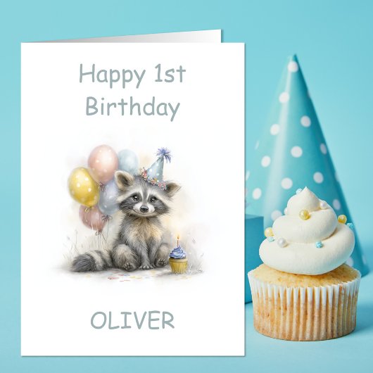 Cute Raccoon 1st Birthday Kaart
