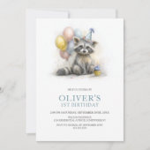 Cute Raccoon 1st Birthday Party Invitation Kaart (Voorkant)