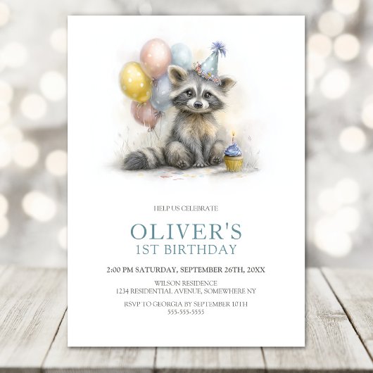 Cute Raccoon 1st Birthday Party Invitation Kaart