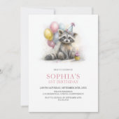 Cute Raccoon 1st Birthday Party Kaart (Voorkant)